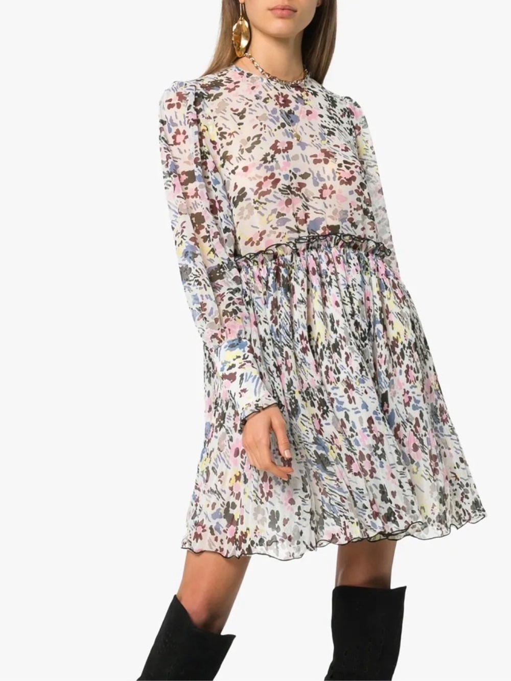 GANNI Pleated Georgette Floral Mini Dress, Egret, FR38 /US 6